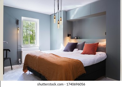 Nice Moody Bedroom With Moody Lights. Scandinavian Style Interior. 