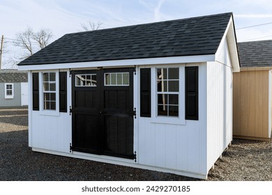 a nice new gray storage shed nature door tool spring trees outside window style farm