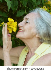 Nice Old Woman Smelling Flower In Summer