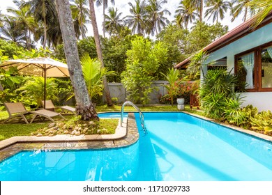 Nice Pool With Blue Water, Umbrella And Beach Beds In Backyard Of Luxury Tropical House. Beautiful Landscaping Of Villa Courtyard. Idyllic Back Yard Garden Among Palm Trees. Sri Lanka - Nov 4, 2017