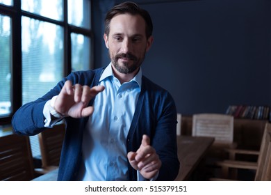 Nice Positive Man Touching The Virtual Screen