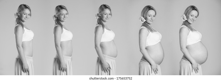 Nice pregnancy stages collage in black and white with beautiful woman with naked belly.