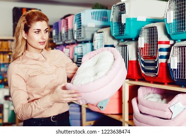 Nice Saleswoman Offering Pet Bed In Pet Store