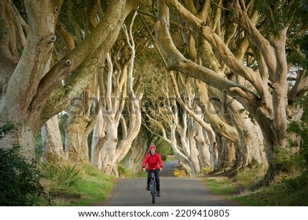 nice senior woman cycling in the famous beech avenue of Dark Hedges near Bushmills in Northern Ireland, UK