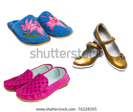 nice set of young lady barbie style pink blue and  gold bright shoes and slippers isolated on white