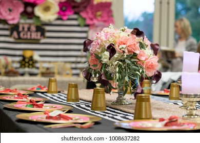 Nice Setting For Event, Birthday, Party. Fresh Flowers Bouquet. Baby Shower