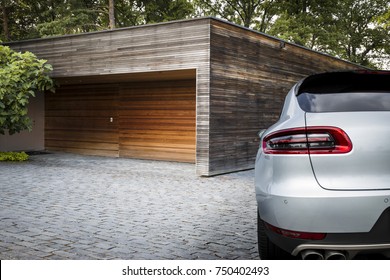 Nice Sport SUV Car In Front Of A Garage On The Countryside