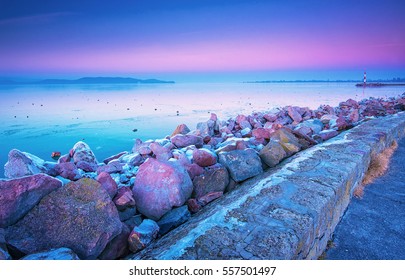 Nice Sunset Over Lake Balaton In Winter