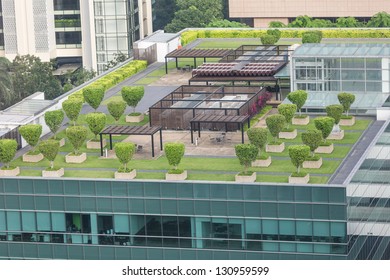 Nice Symmetrical Garden Located On The Roof Of Office Building In Singapore