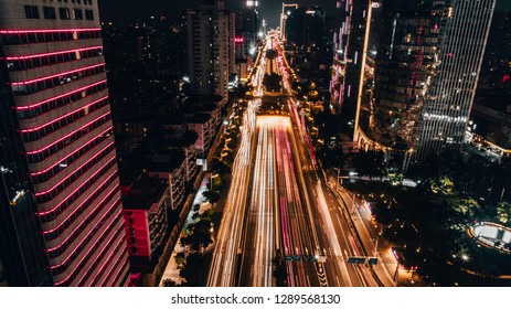 Nice Top View On Long Way Road On Long Exposure In Downtown In Night Guangzhou 