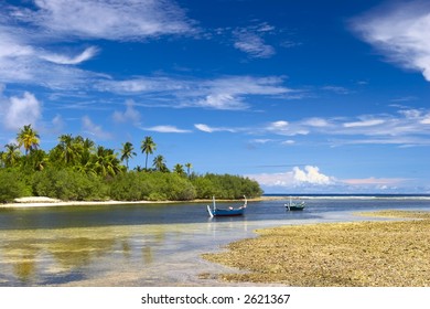 Nice Tropical Lagoon On The Island Gan In Indian Ocean, Maldives