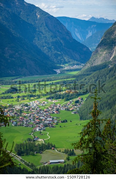 nice view to Umhausen and Laengenfeld in the\
Oetztal, Tirol, Austria