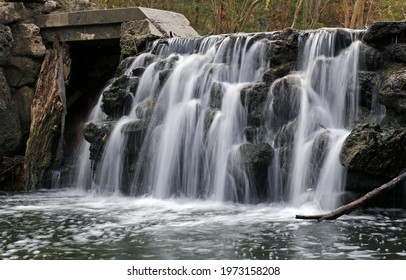 Nice Waterfall In Botanical Edwards Gardens Park In Toronto.