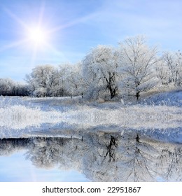 Nice Winter Lake Scene With Sun In The Sky