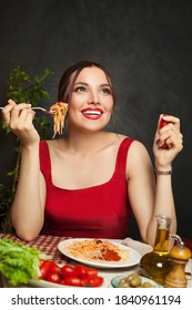 Nice Woman Eating Pasta Spaghetti And Chatting In Italian Restaurant