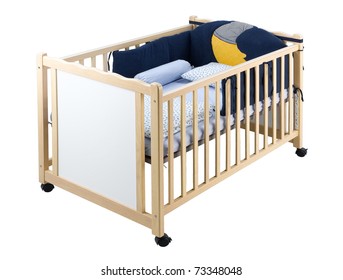 Nice Wooden Baby Cot With Kid Mattress Set Isolated On White Background 