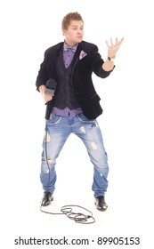 nice young guy and microphone on white