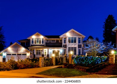 Nicely Decorated  House In Suburbs Of Vancouver At Dusk, Night Time.  Canada.