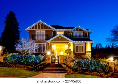 Nicely Decorated  House In Suburbs Of Vancouver At Dusk, Night Time.  Canada.