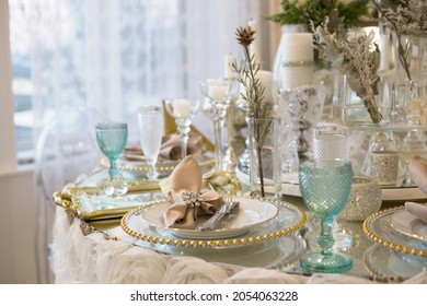 Nicely Set Table For Dinner By The Window. Wedding Table Served In White And Blue Colors