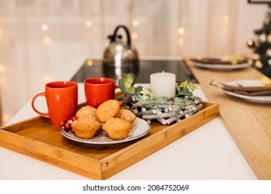 Nicely Set Table, Tray With Red Cups, Muffins