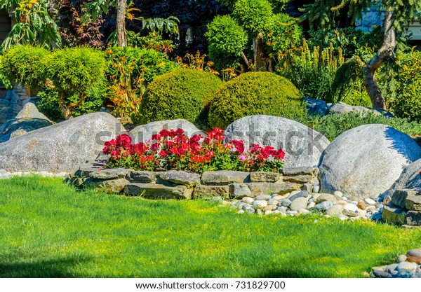 Nicely trimmed bushes and flowers in front of the
house. Landscape design.