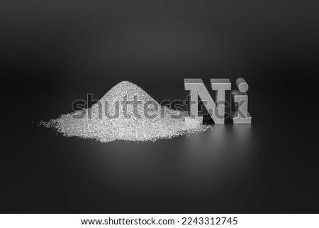 Nickel is a metal widely used in metallurgy and electronics. A handful of silver-white nickel metal powder and the chemical symbol Ni on a black background. Chemical element Nickel Foto stock © 