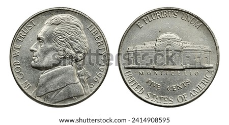 The nickel is the United States' five-cent coin. A nickel, sometimes mistakenly called a nickel, is a five-cent coin struck by the United States Mint. 1996