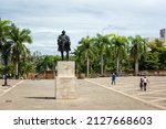 Nicolas de Ovando monument on the plaza de la Hispanidad (de España) in Santo Domingo, Dominican Republic, first royal governor of the Indies (Hispaniola), scenic cityscape, travel background