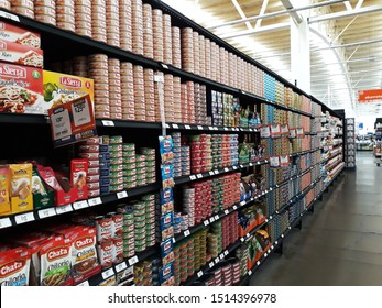 Nicolas Romero, Estado De Mexico, Edo. Mex. / Mexico - 08 23 2019: Chedraui Supermarket Inner Canned Food Corridor Showing Dolores Tuna, La Sierra Chilaquiles, Chata Chilorio, Sardine Among Others