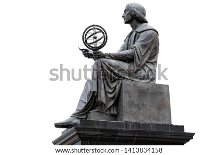 Nicolaus Copernicus Monument in Warsaw, Poland, bronze statue of a Polish astronomer from 1830, isolated on white background.