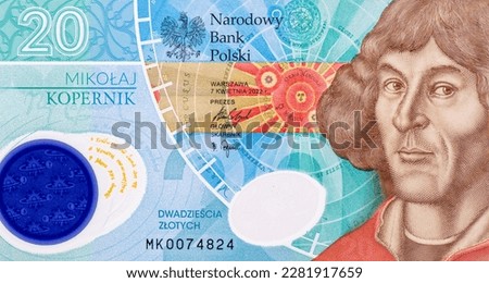 Nicolaus Copernicus and stylised images of a quadrant and a fragment of the heliocentric system. Portrait from Poland 20 Zlotych 2023 Banknotes. 550th Anniversary of the Birth of Nicolaus Copernicus