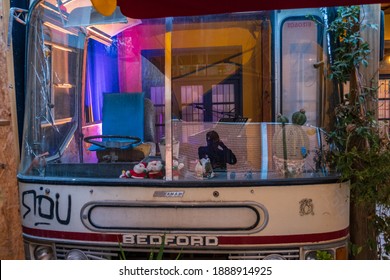 Nicosia, Cyprus - December 9, 2020: View Of A Bus Hosting A Music Band In The Bus Coffee Shop In The Old City Of NIcosia.