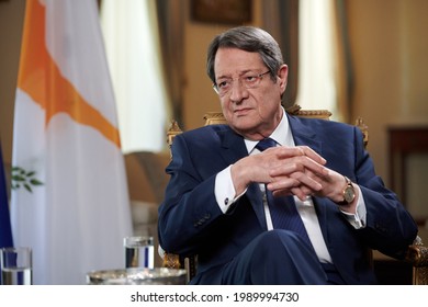 Nicosia, Cyprus-June 2,2021:President Of The Republic Of Cyprus Nikos Anastasiades During An Interview On Russian Television.