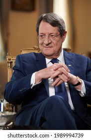 Nicosia, Cyprus-June 2,2021:President Of The Republic Of Cyprus Nikos Anastasiades During An Interview On Russian Television.