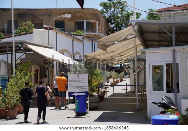 Nicosia, North Cyprus – June 8, 2018: The Turkish\
check-point for border crossing in the Green Zone between North and\
South Cyprus.