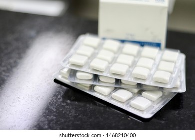 Nicotine Gum On The Table In Drug Store For Stop Smoking 