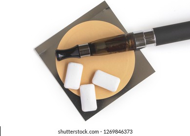 Nicotine Patch, Chewin Gum And Ecigarette Used For Smoking Cessation Isolated On White Background