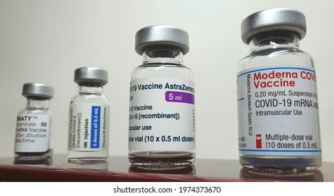 Niebla (Huelva), Spain; May 16th 2021: Empty vials with different  Covid-19 vaccines, authorised by the EU (AstraZeneca, Pfizer, Moderna and Janssen), actually used in the vaccination campaign in EU.