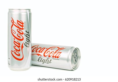 NIEDERSACHSEN, GERMANY APRIL 9, 2017:Two cans of coca cola light on a white background