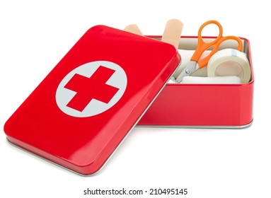 NIEDERSACHSEN, GERMANY AUGUST 10, 2014 - An Open Metal First Aid Box With Contents On A White Background