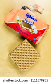 Niedomice, Poland - June 08, 2018: Top View Of The Unwrapped Sweet Snack - Manner Waffle Sandwich.