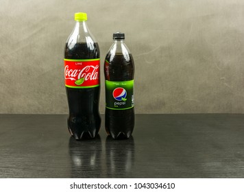 Niedomice, Poland - March 06, 2018: Bottles With Coca-Cola And Pepsi - Lime.