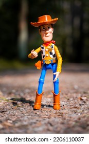 Niepolomice, Poland - September 9, 2021: Woody Action Figure Toy Standing On The Ground In A Park. Miniature Model In A Big World. Vertical Shot