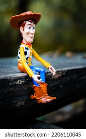 Niepolomice, Poland - September 9, 2021: Woody Action Figure Toy Sitting On A Wooden Bench In A Park. Vertical Shot.