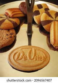 NIGEL, GAUTENGSOUTH AFRICA – DEC 25, 2021: Selection Of De Vries Biscuits On Metal Tabletop Snack Stand