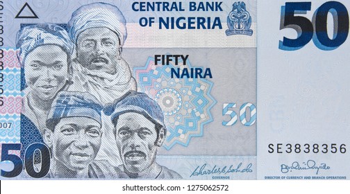 Nigeria 50 Naira Banknote, Central Bank Of Nigeria. Nigerian Money Currency Close Up