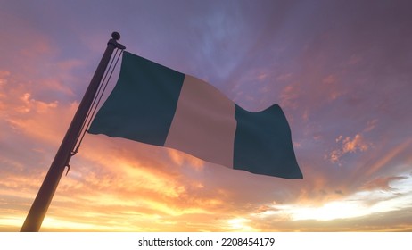 Nigeria Flag On A Pole With Sunset Sky Evening Background 