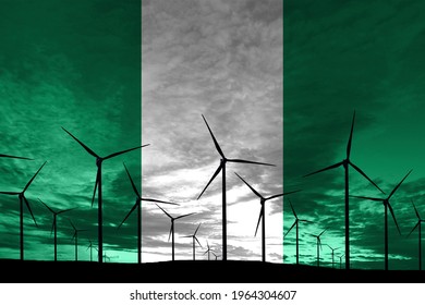 Nigeria Flag Wind Farm At Sunset, Sustainable Development, Renewable Energy Wind Turbines