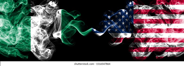 Nigeria vs United States of America, American abstract smoky mystic flags placed side by side. Thick colored silky smoke flags of Nigerian and United States of America, American
